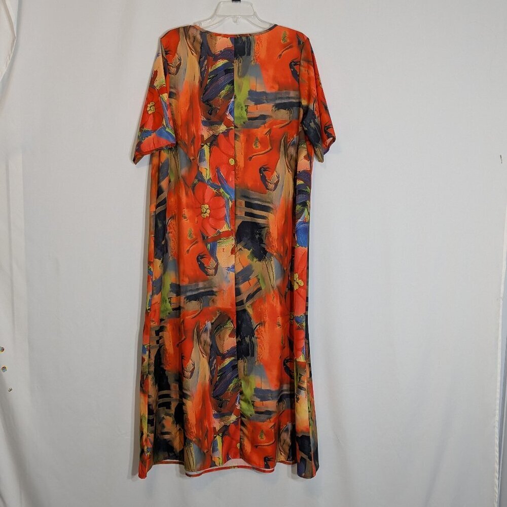 Orange/Green Tie-Dyed Satin Short Sleeve Straight Maxi Dress; Size XL - Picture 2 of 5